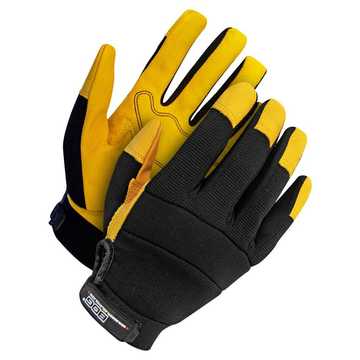 Leather Gloves Mechanic, Performance, Black/yellow, Spandex Backing