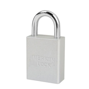Safety Padlock, 1/4 in x 25/32 in x 1 in Shackle, 1-1/2 in x 1-7/8 in Body, Chrome Plated Boron Alloy Shackle, Anodized Aluminum Body, Silver, Open Type Shackle, Different Key