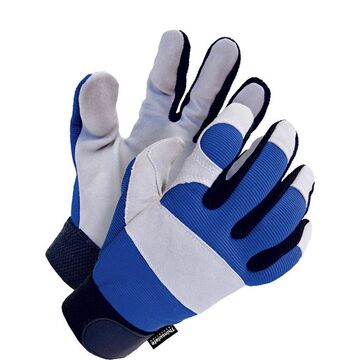 Leather Gloves Mechanic, General Purpose Lined, Black/blue/gray, Spandex Backing