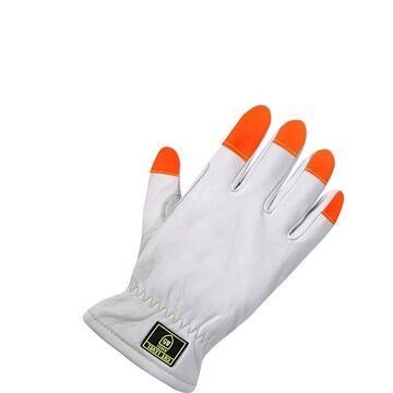 Gloves, Grain Goatskin Palm, White/orange, Reinforced Thumb Saddle