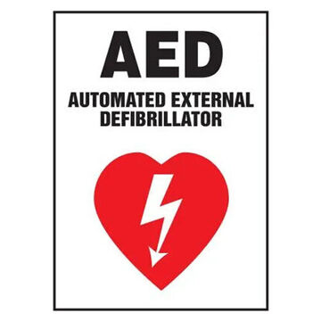 Panneau de sécurité AED, 25.4 cm de haut, 17.8 cm de large, lettrage noir/graphique rouge sur blanc, plastique, montage à travers le trou