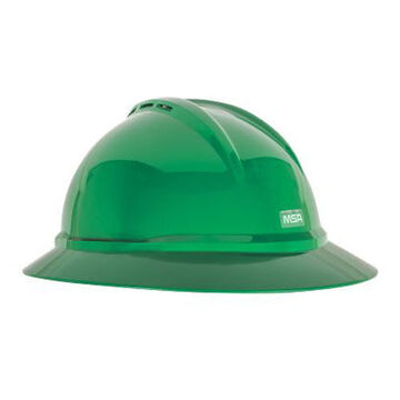 Hard Hat Full Brim Non Vented Type I, Fits Hat 6-1/2 To 8 In, Green, Hdpe, 4 Point Ratchet, Class E