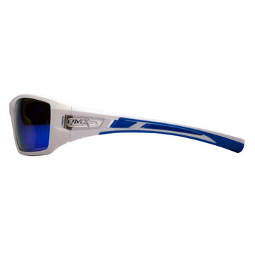Standard Safety Glasses, 127 mm wd, 160 mm lg, 2.2 mm thk, Ice Blue Mirror, Full Frame, White-Blue