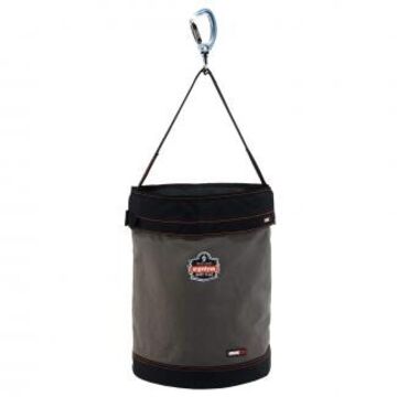 Swiveling Carabiner Hoist Bucket, 16 in dia, 20 in ht, Canvas, Synthetic Leather, Gray, 150 lbs, 1, Buckle