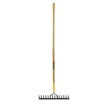 Double Back Level Rake, 14 in wd, Tempered Steel, Wood, 63 in, Straight, 14 Tines